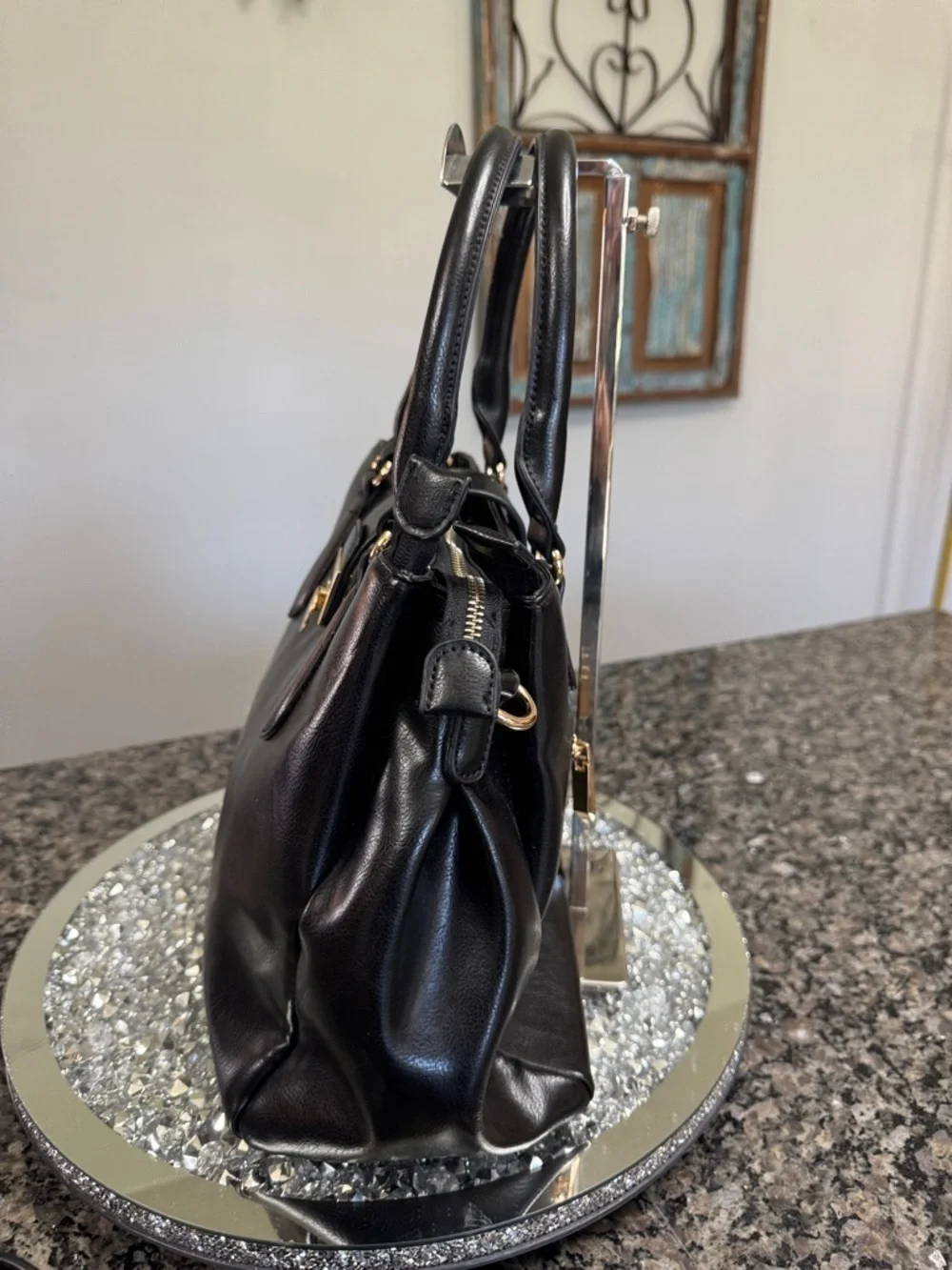 Women's Black Leather Satchel with Gold-Tone Lock and crossbody strap EUC